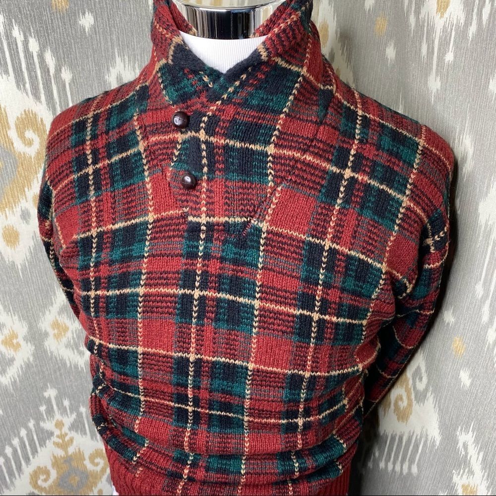 Polo Ralph Lauren Red & Green Multi Tartan Plaid Shawl Collar L/S Sweater - Picture 10 of 16